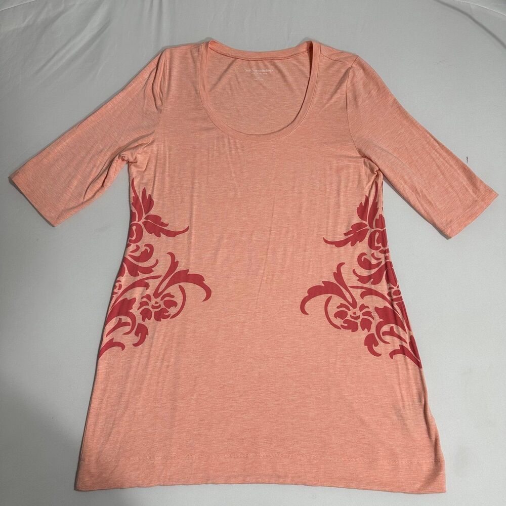 Soft Surroundings Jersey Tunic Top Womens Large Tropical Peach Floral Scoop Neck - Picture 12 of 13